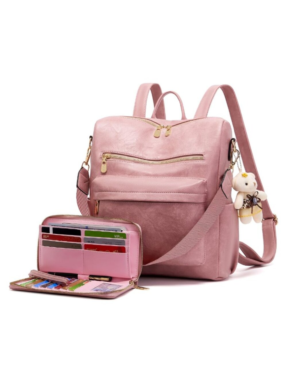 Vegan Leather Backpack Purse Set 2pc Faux Leather Travel Shoulder Bag